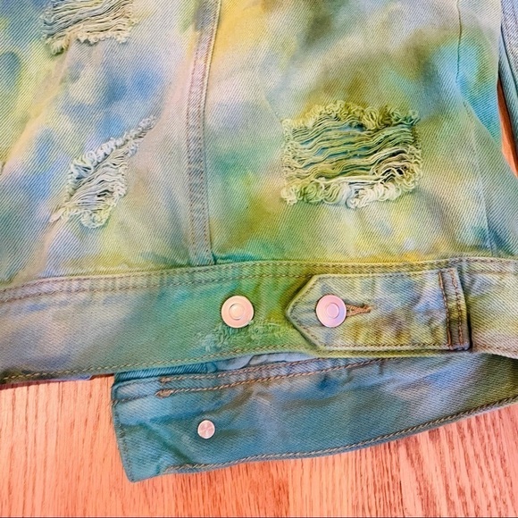 Festival tie dyed jean jacket M distressed ripped blue green ocean water - Picture 11 of 15